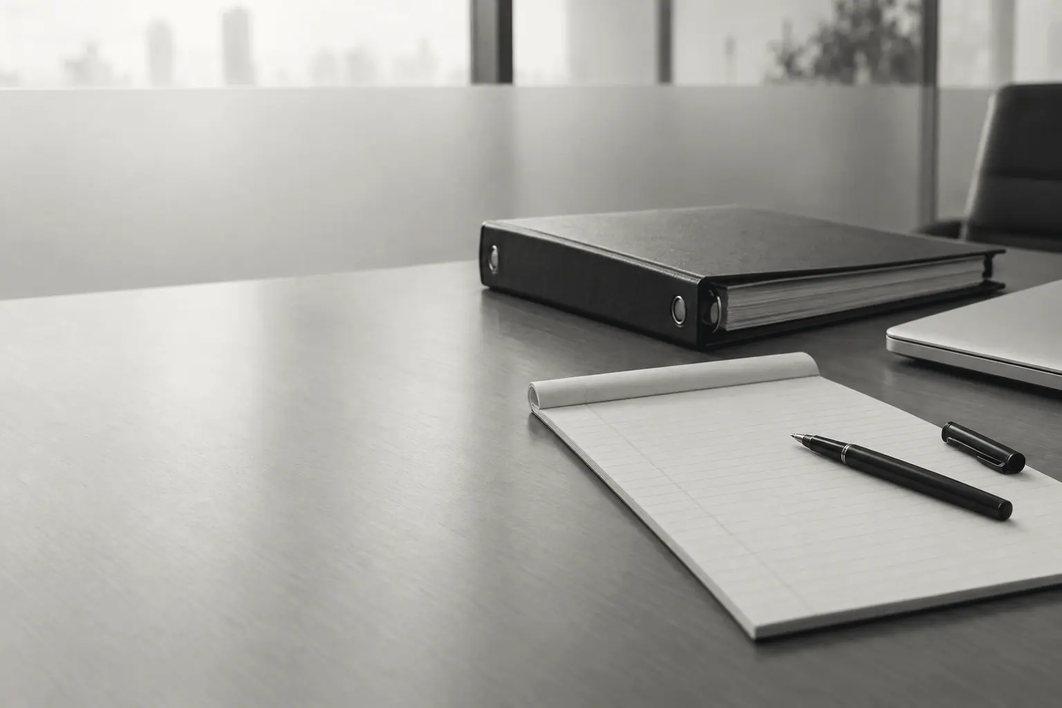 A clean law-office desk with a notebook.