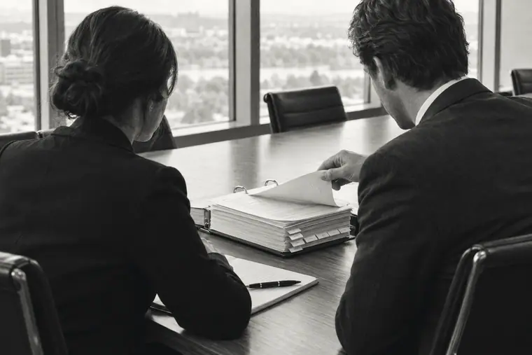 A legal team reviewing a binder at a conference table.